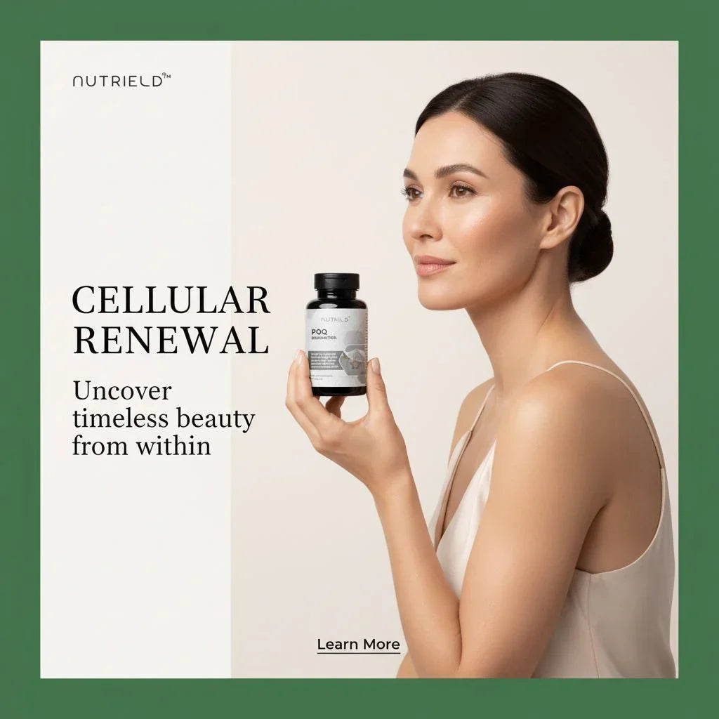 Woman with glowing skin holding NutriELD cellular renewal supplement bottle, skincare beauty concept