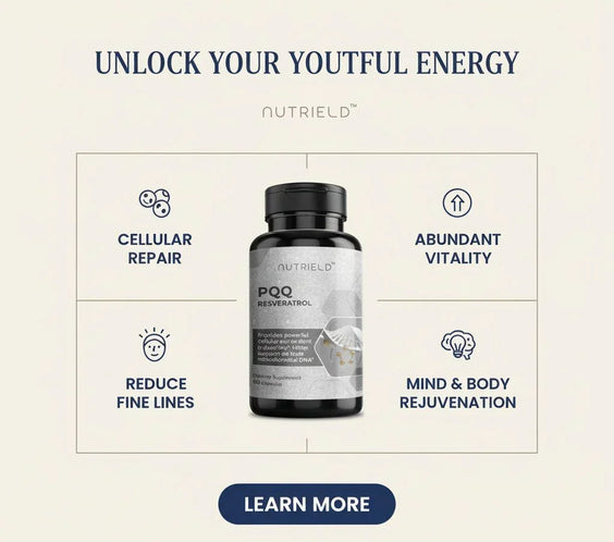 NutriELD PQQ Resveratrol supplement bottle with benefits: cellular repair, reduce fine lines, abundant vitality, mind and body rejuvenation