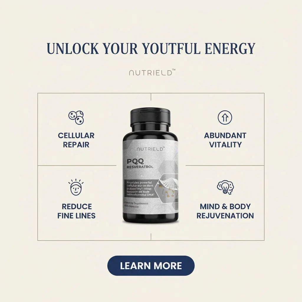 NutriELD PQQ Resveratrol supplement bottle with benefits: cellular repair, reduce fine lines, abundant vitality, mind and body rejuvenation