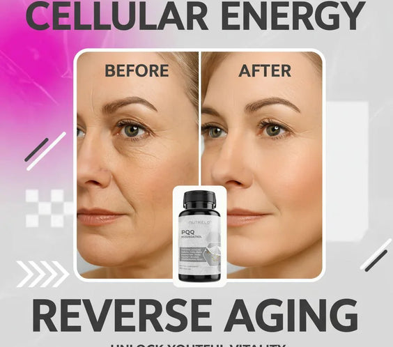 Before and after images of woman's face showing reduced wrinkles and youthful skin with anti-aging supplement