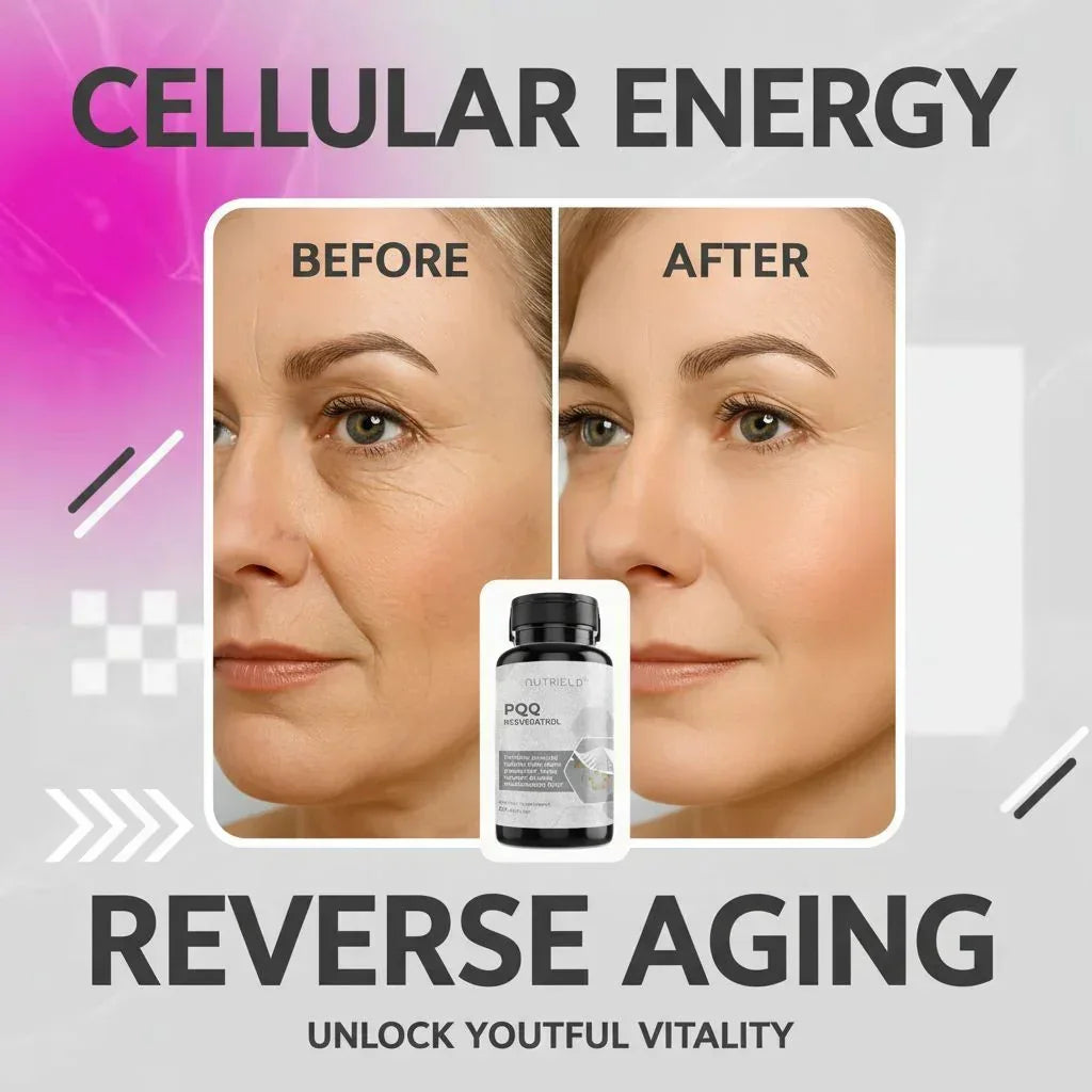 Before and after comparison of woman's face promoting PQQ supplement for cellular energy and anti-aging benefits.