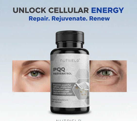 Nutrield PQQ Resveratrol supplement bottle with before and after eye skin rejuvenation, cellular energy repair