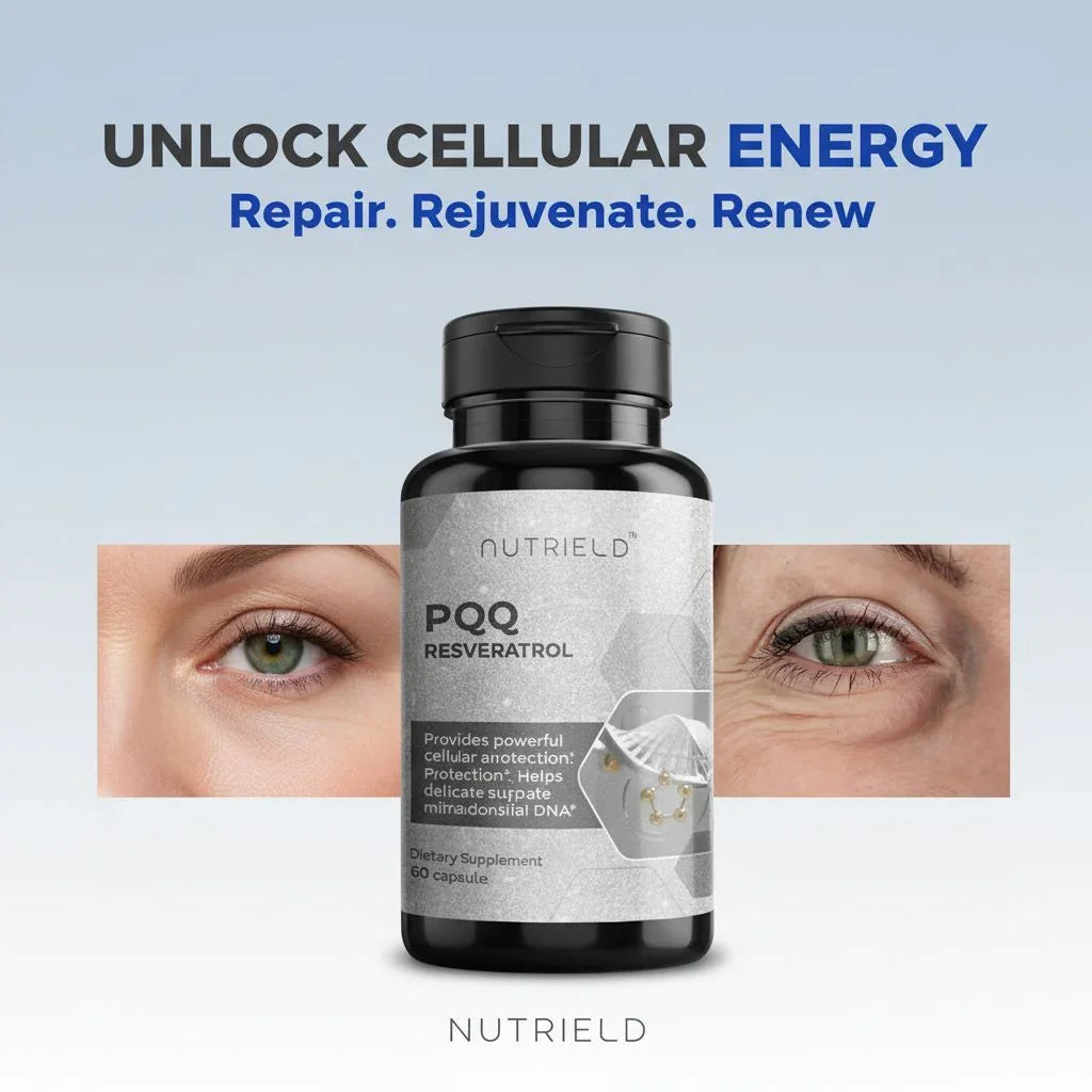 Nutrield PQQ Resveratrol supplement bottle with before and after eye skin rejuvenation, cellular energy repair