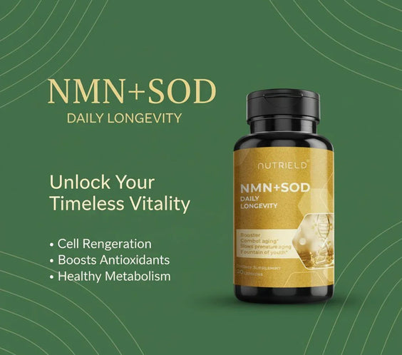 Nutrield NMN+SOD daily longevity supplement bottle with benefits for cell regeneration and antioxidants