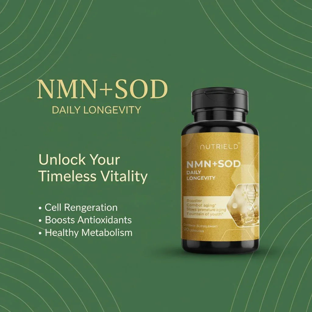 Nutrield NMN+SOD daily longevity supplement bottle with benefits for cell regeneration and antioxidants