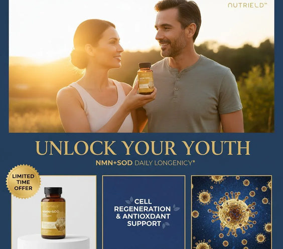 Smiling couple holding NutriELD NMN+SOD supplement bottle at sunset, promoting cell regeneration and antioxidant support