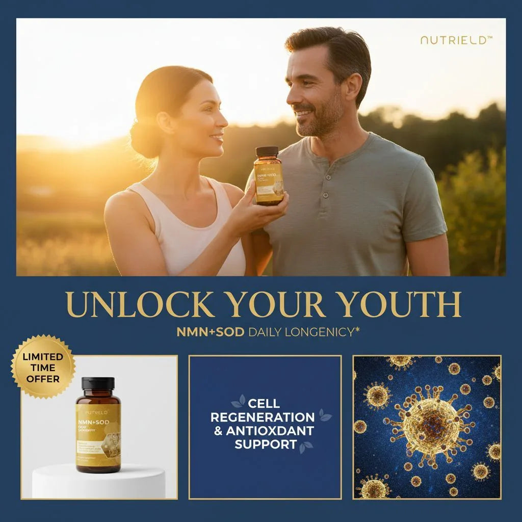 Smiling couple holding NutriELD NMN+SOD supplement bottle at sunset, promoting cell regeneration and antioxidant support