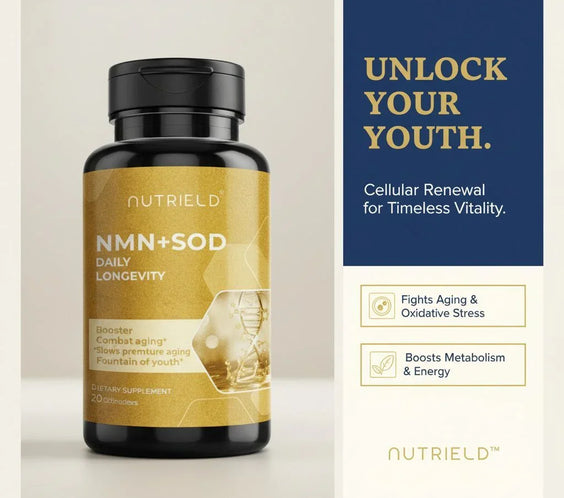 Nutrield NMN+SOD daily longevity supplement bottle with anti-aging and energy boost benefits