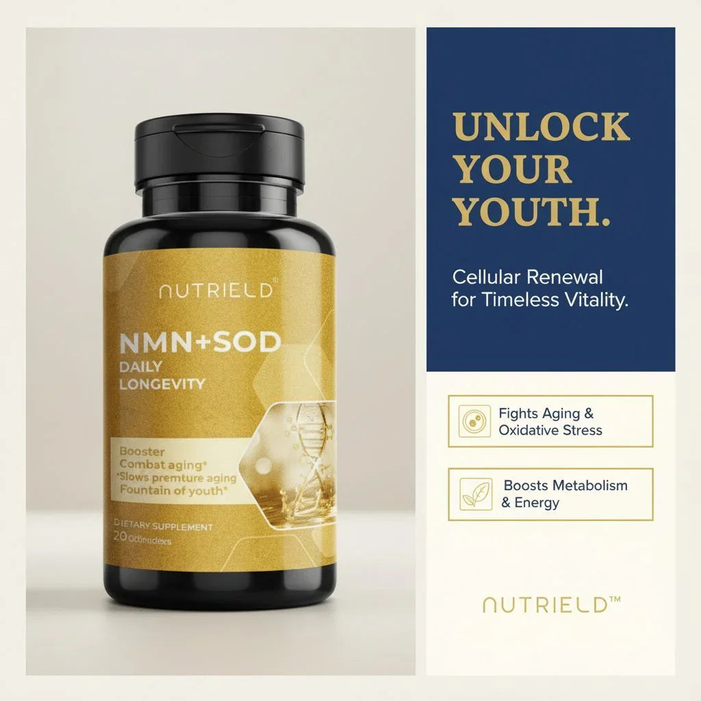 Nutrield NMN+SOD daily longevity supplement bottle with anti-aging and energy boost benefits