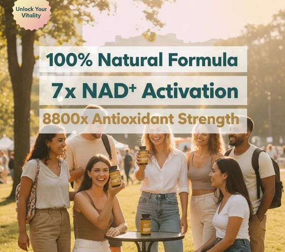 Group of six smiling young adults outdoors holding NutriELD supplement bottles promoting natural formula and antioxidant strength