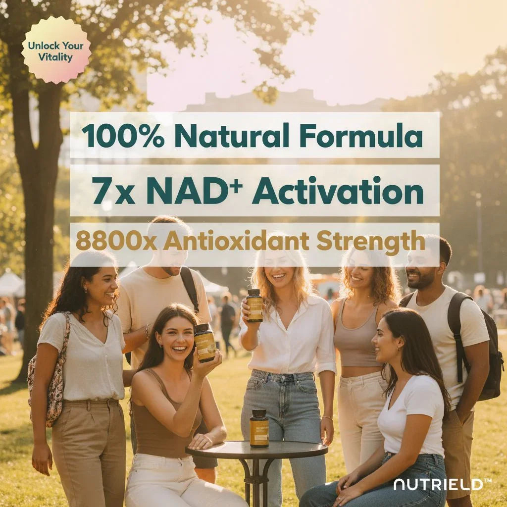 Group of six smiling young adults outdoors holding NutriELD supplement bottles promoting natural formula and antioxidant strength