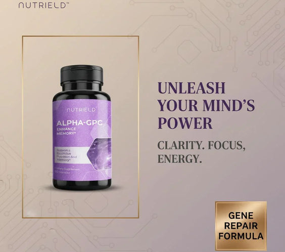 NutriELD Alpha-GPC supplement bottle with purple label promoting memory enhancement, clarity, focus, and energy