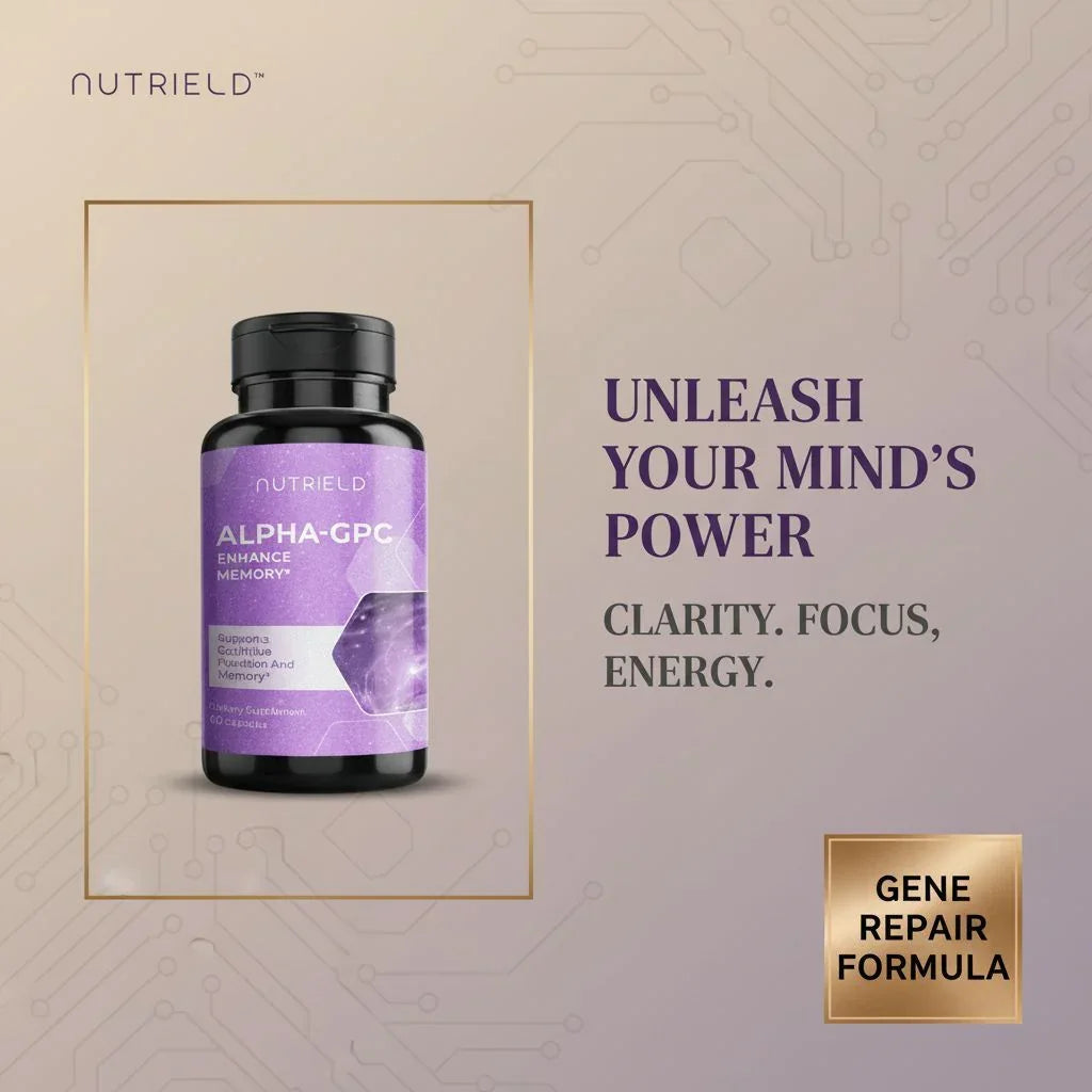 NutriELD Alpha-GPC supplement bottle with purple label promoting memory enhancement, clarity, focus, and energy