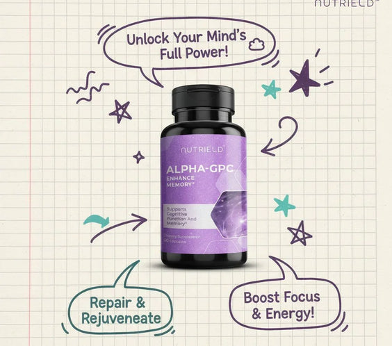 NutriELD Alpha-GPC supplement bottle with claims to enhance memory, boost focus, and repair brain function