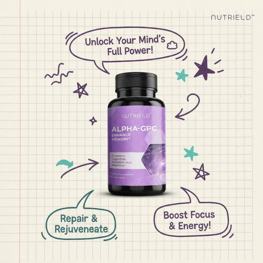 NutriELD Alpha-GPC supplement bottle with claims to enhance memory, boost focus, and repair brain function