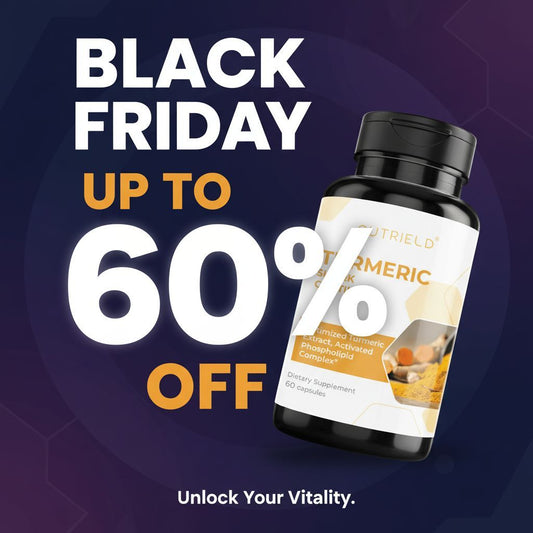 Black Friday sale up to 60% off Nutrield Turmeric supplement bottle on dark background