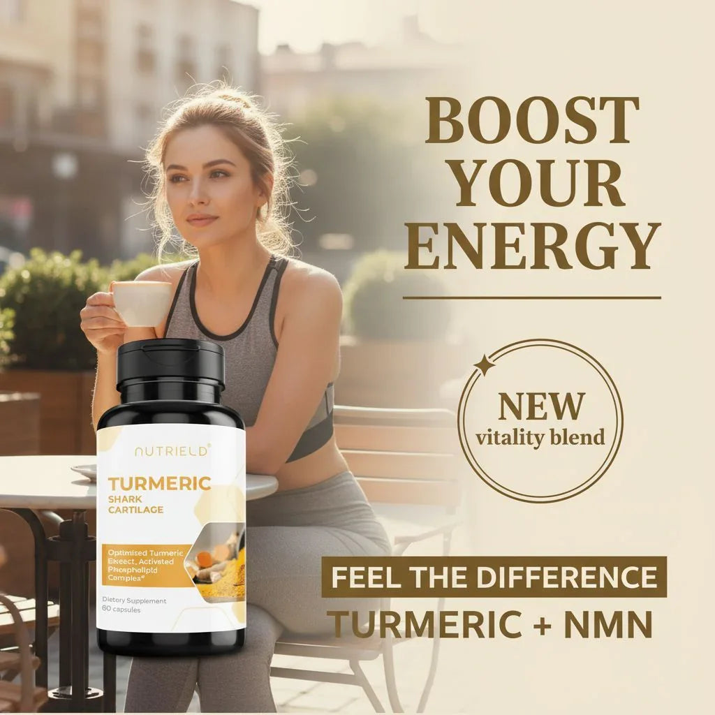 Woman in activewear drinking coffee outdoors with NutriELD turmeric shark cartilage supplement
