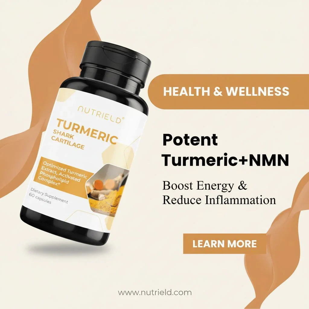 Nutrield Turmeric Shark Cartilage supplement bottle with benefits to boost energy and reduce inflammation