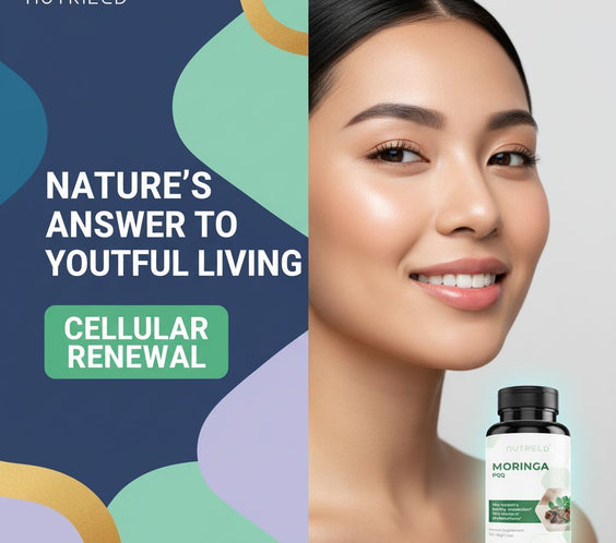 NutriELD Moringa cellular renewal supplement with close-up of smiling woman with radiant skin