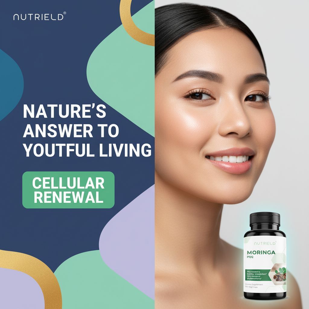 NutriELD Moringa cellular renewal supplement with close-up of smiling woman with radiant skin