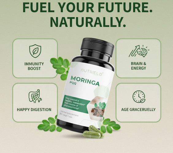 Nutrield Moringa PQQ herbal supplement bottle with green capsules, promoting immunity, digestion, brain energy, and graceful aging
