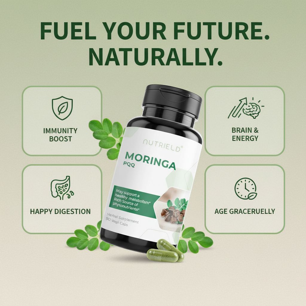 Nutrield Moringa PQQ herbal supplement bottle with green capsules, promoting immunity, digestion, brain energy, and graceful aging