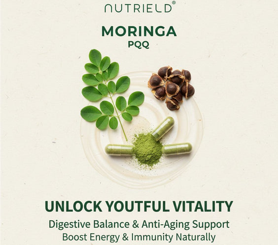 Nutrield Moringa PQQ capsules with moringa leaves and seeds promoting digestive balance, anti-aging, and immunity support