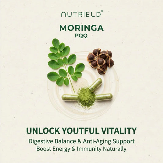 Nutrield Moringa PQQ capsules with moringa leaves and seeds promoting digestive balance, anti-aging, and immunity support