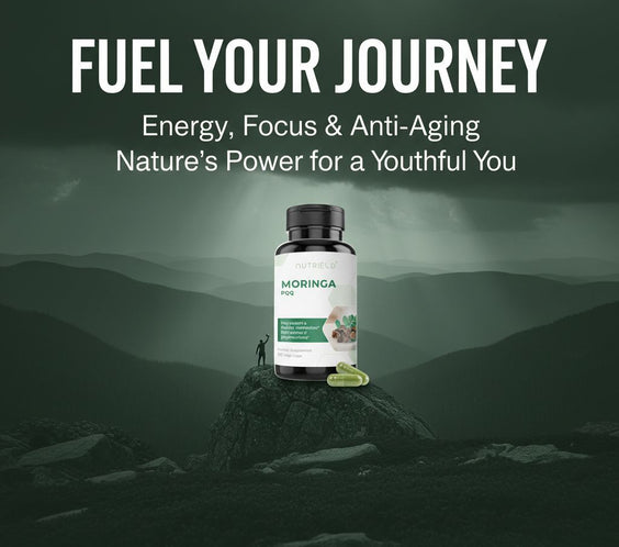 NutriELD Moringa supplement bottle on a mountain with text about energy, focus, anti-aging, and nature's power
