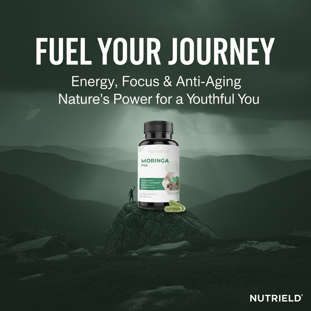 NutriELD Moringa supplement bottle on a mountain with text about energy, focus, anti-aging, and nature's power