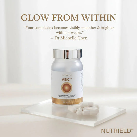 Nutrield VBC skin supplement bottle with capsules on clear tray and glow from within quote by Dr Michelle Chen