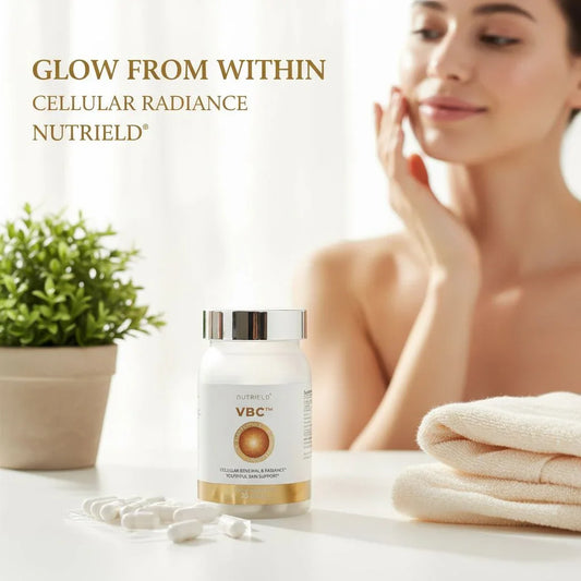 Nutriield VBC supplements on table with capsules, beige towels, green plant, and woman touching glowing skin