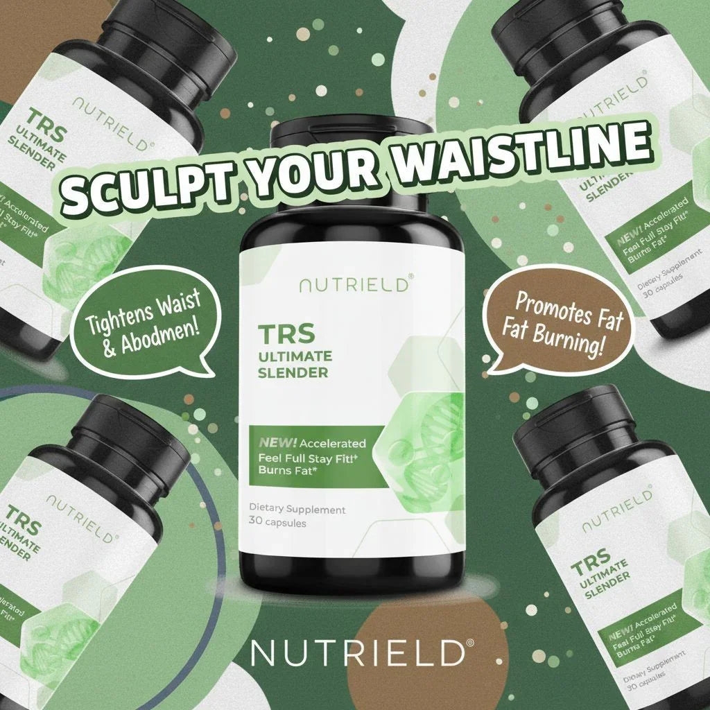 NutrielD TRS Ultimate Slender dietary supplement bottles with text promoting waist sculpting and fat burning