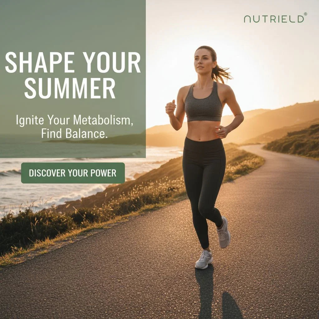 Fit woman jogging on coastal road at sunset in sportswear promoting metabolism and balance