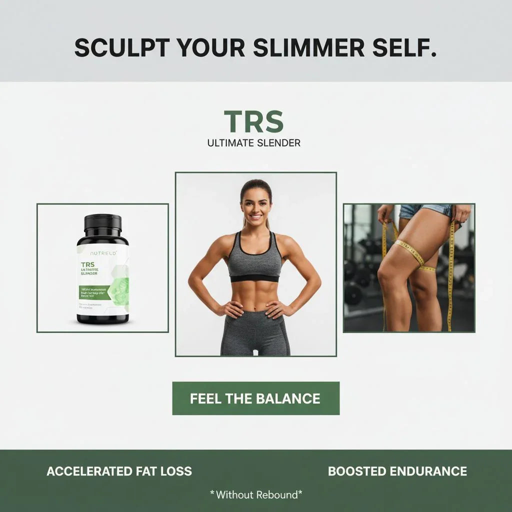 TRS Ultimate Slender supplement bottle with fit woman in sportswear and thigh measuring tape promoting fat loss and endurance