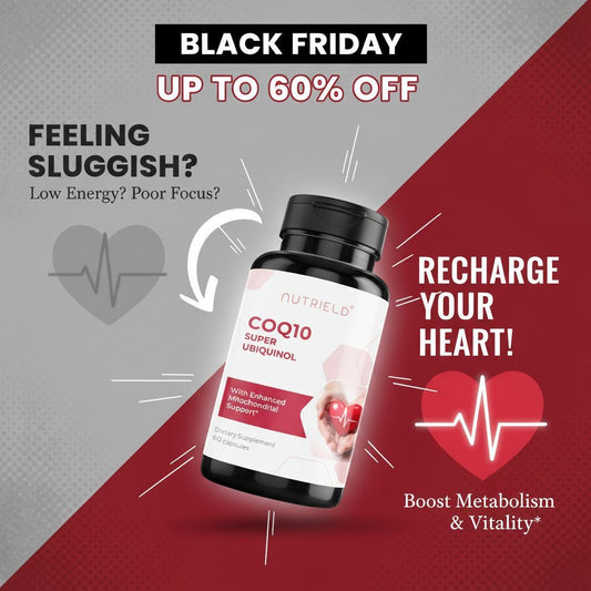 Black Friday sale up to 60% off NutriELD COQ10 Super Ubiquinol supplement boosting heart health and energy