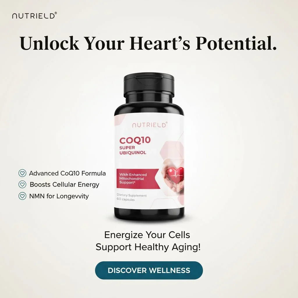 NutriELD CoQ10 Super Ubiquinol supplement bottle with heart health benefits and cellular energy support