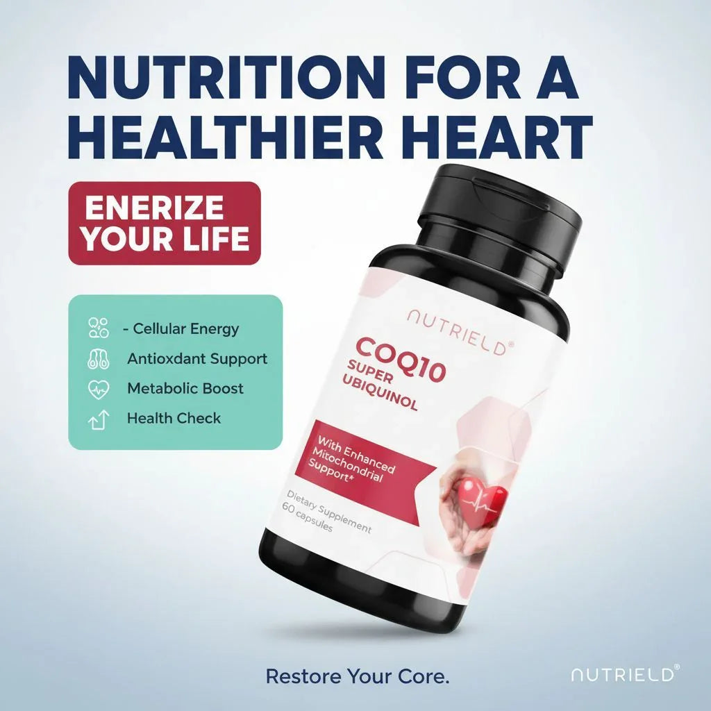 NutriELD COQ10 supplement bottle for heart health with cellular energy and antioxidant support