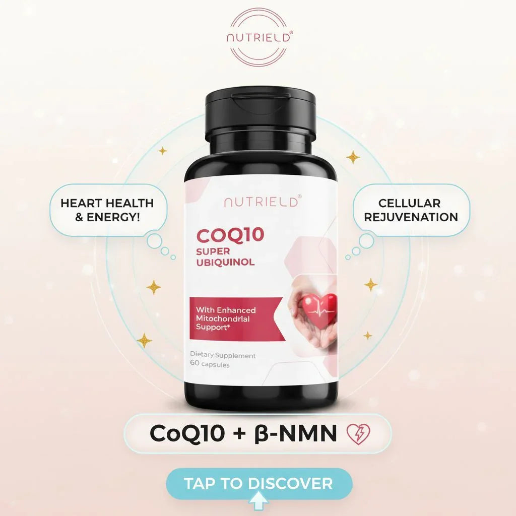 Nutrield CoQ10 Super Ubiquinol supplement bottle with heart health and cellular rejuvenation benefits