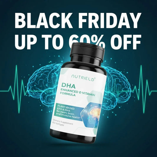 NutriELD DHA enhanced E-vitamin plant-based supplement bottle with brain and heartbeat graphic on Black Friday sale up to 60% off