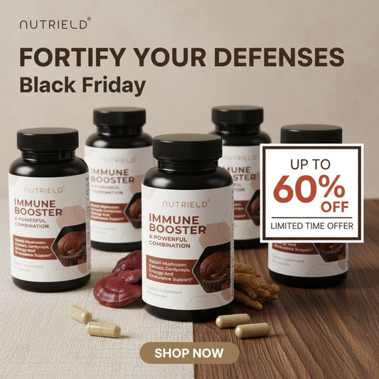 NutriELD Immune Booster supplement bottles with capsules, promoting Black Friday sale up to 60% off