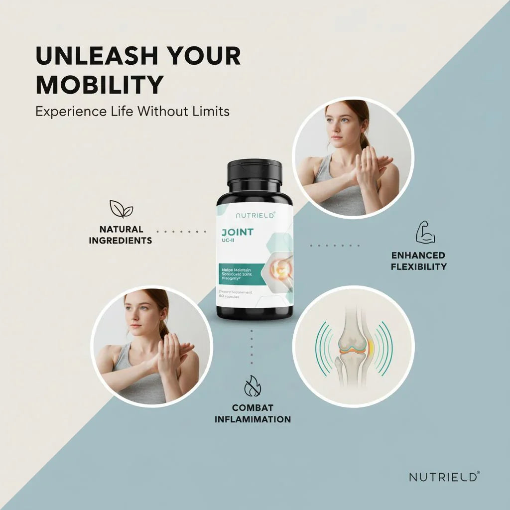 Nutriield Joint supplement bottle with benefits natural ingredients, enhanced flexibility, combat inflammation, images of woman stretching
