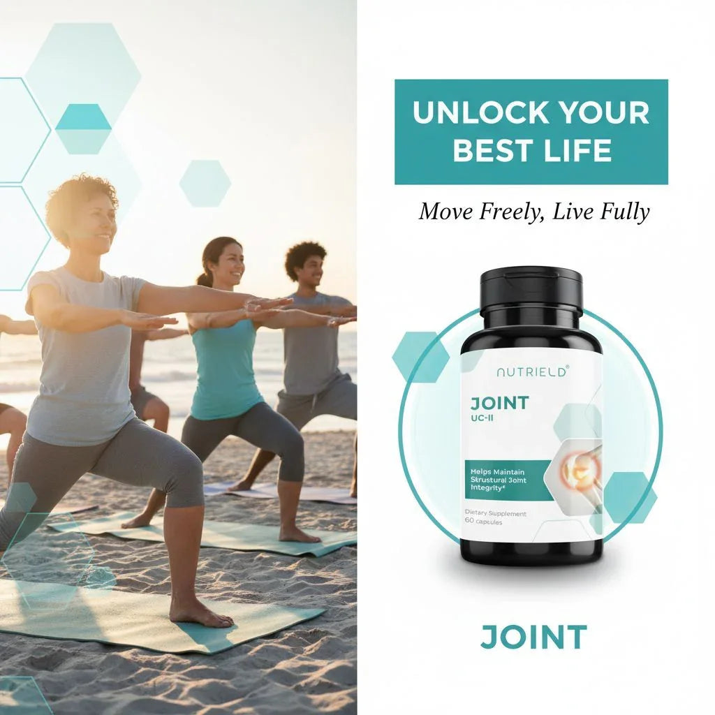 People doing yoga on the beach at sunrise next to Nutriield Joint UC-II supplement bottle promoting joint health