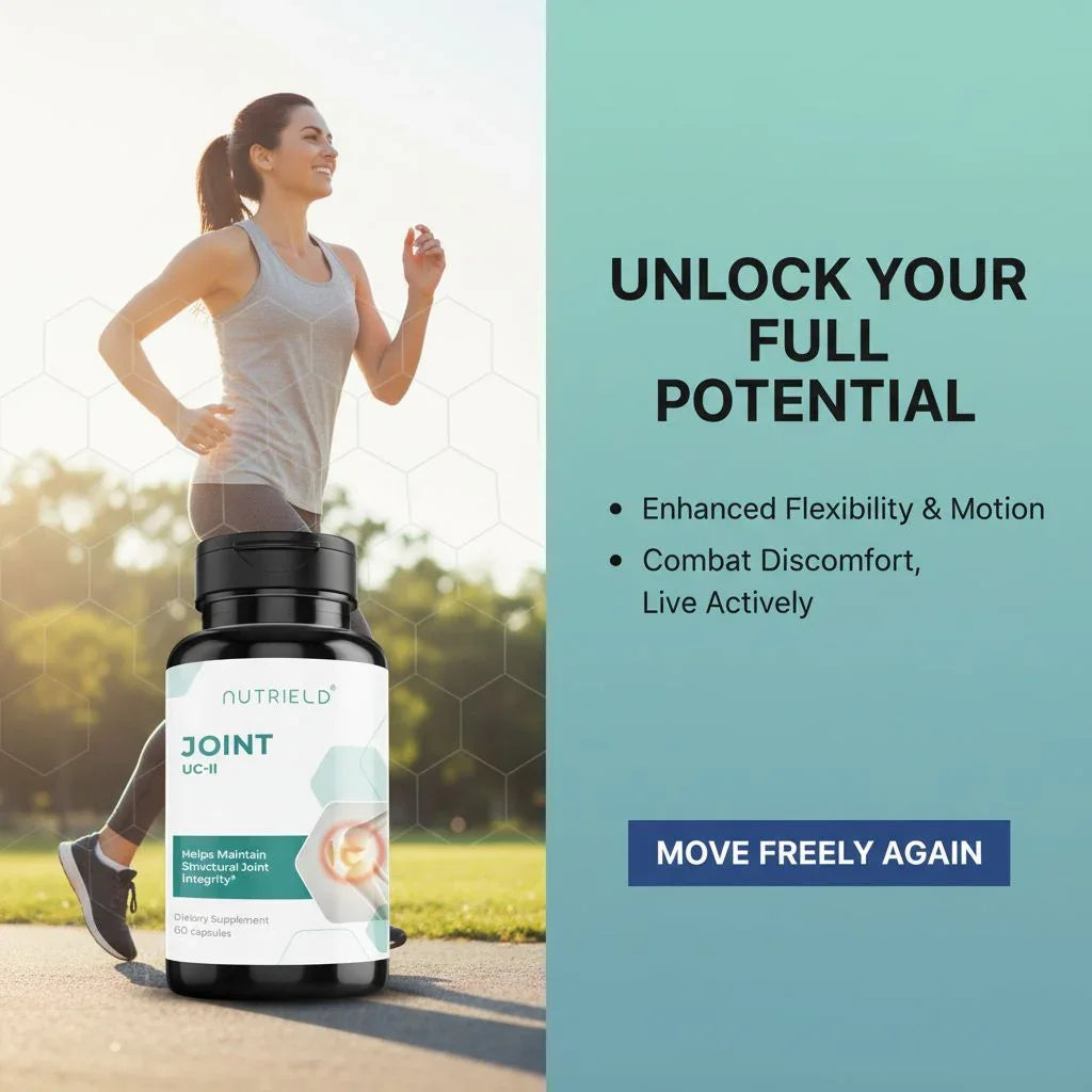 Woman jogging outdoors with Nutriield Joint UC-II supplement bottle for joint health in foreground