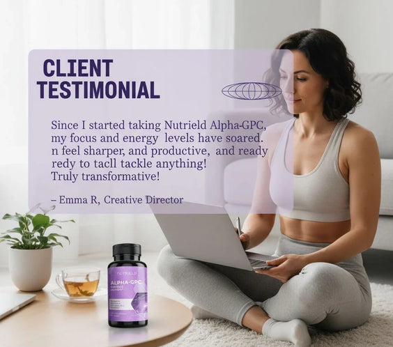 Woman in gray workout clothes using laptop at home with Nutrield Alpha-GPC bottle and tea on table, client testimonial