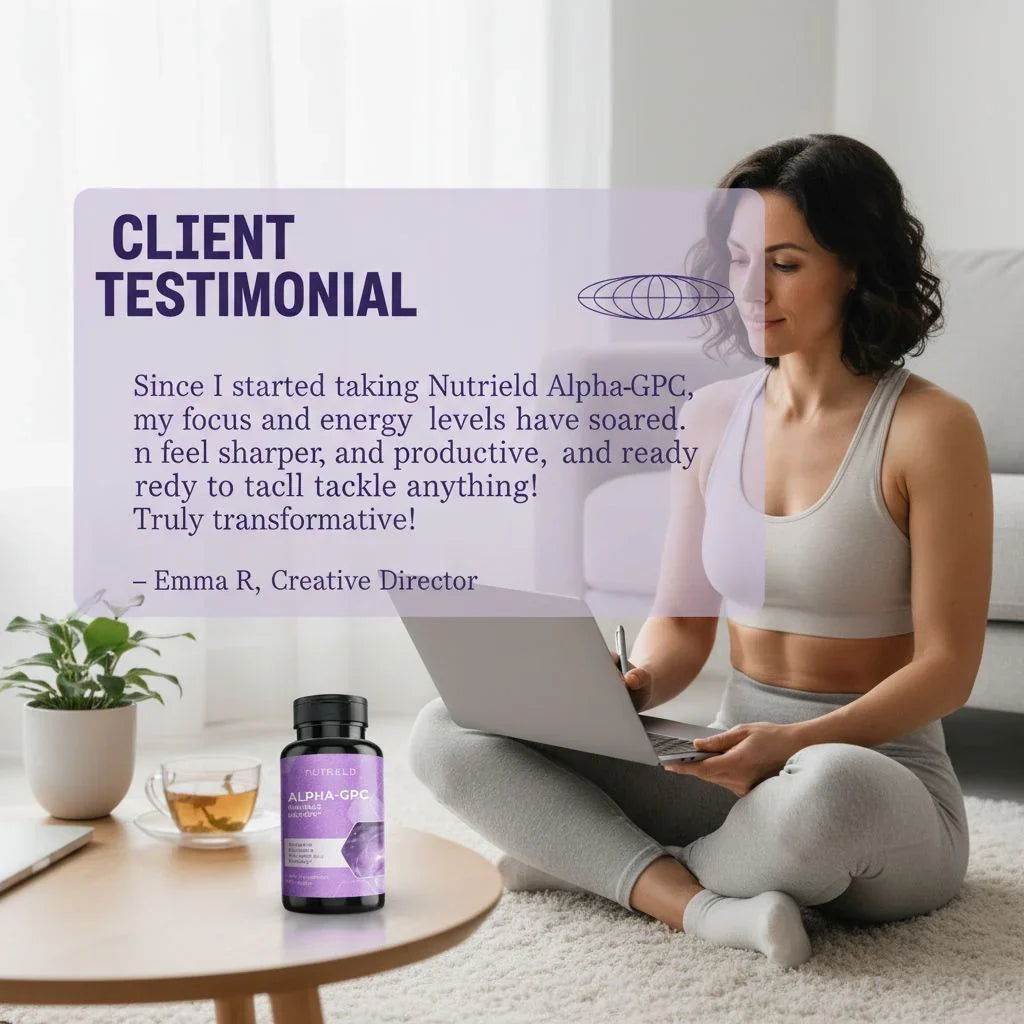 Woman in gray workout clothes using laptop at home with Nutrield Alpha-GPC bottle and tea on table, client testimonial