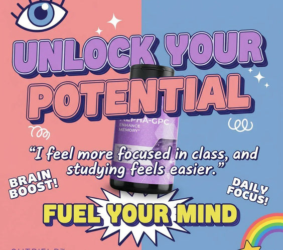 Alpha-GPC memory supplement bottle with text Unlock Your Potential, Fuel Your Mind, brain boost and daily focus