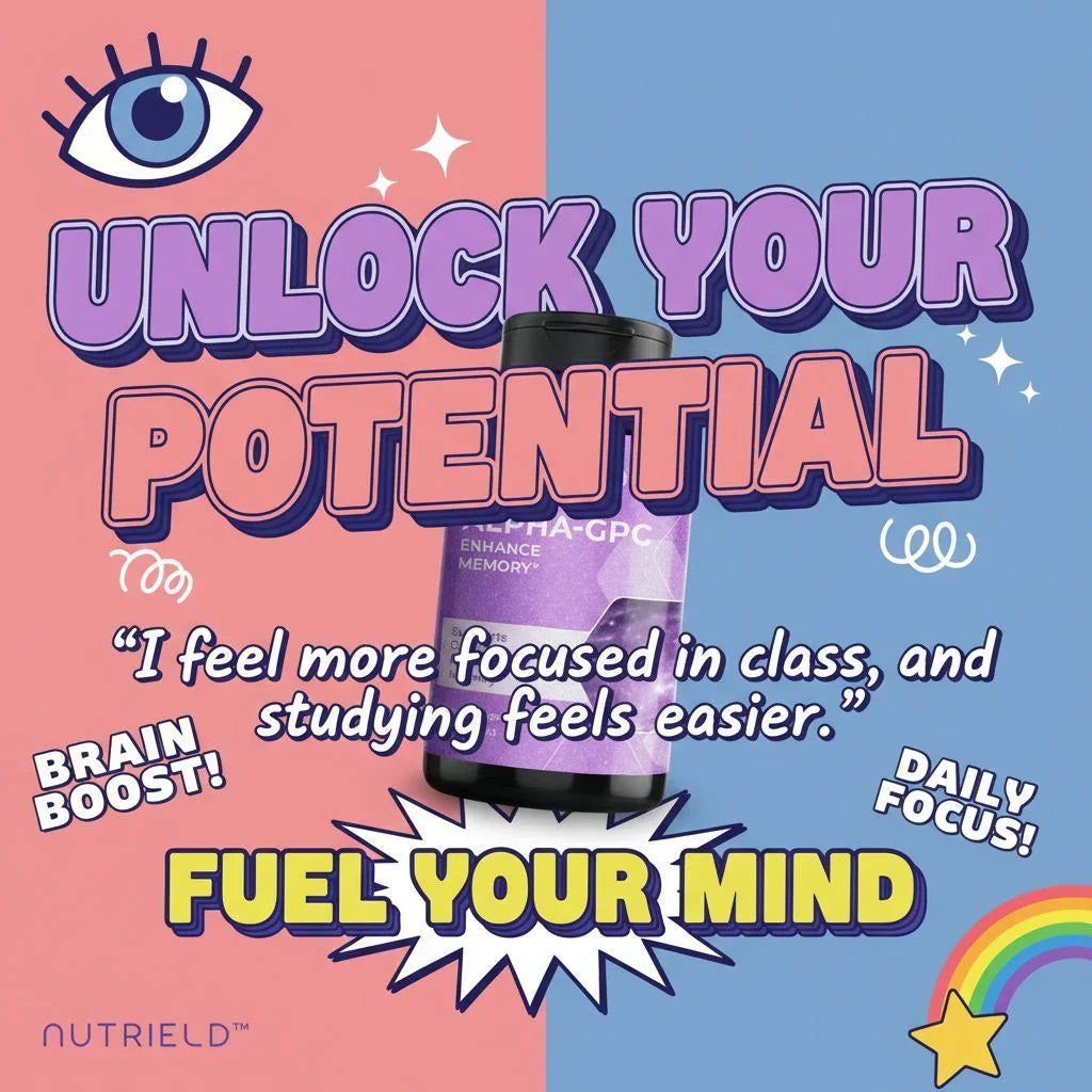 Alpha-GPC memory supplement bottle with text Unlock Your Potential, Fuel Your Mind, brain boost and daily focus