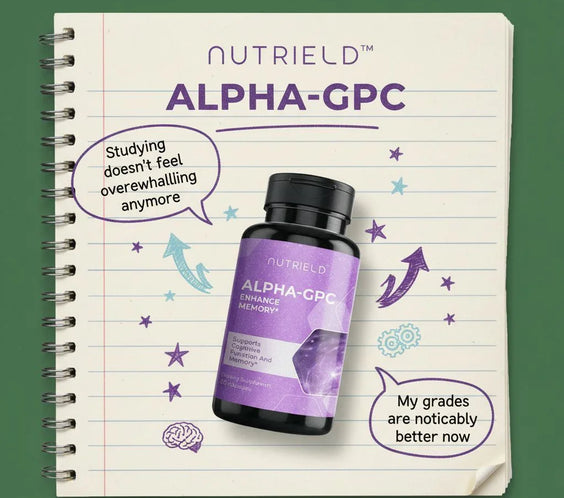 Nutrield Alpha-GPC memory supplement bottle on notebook with study-related doodles and positive testimonials
