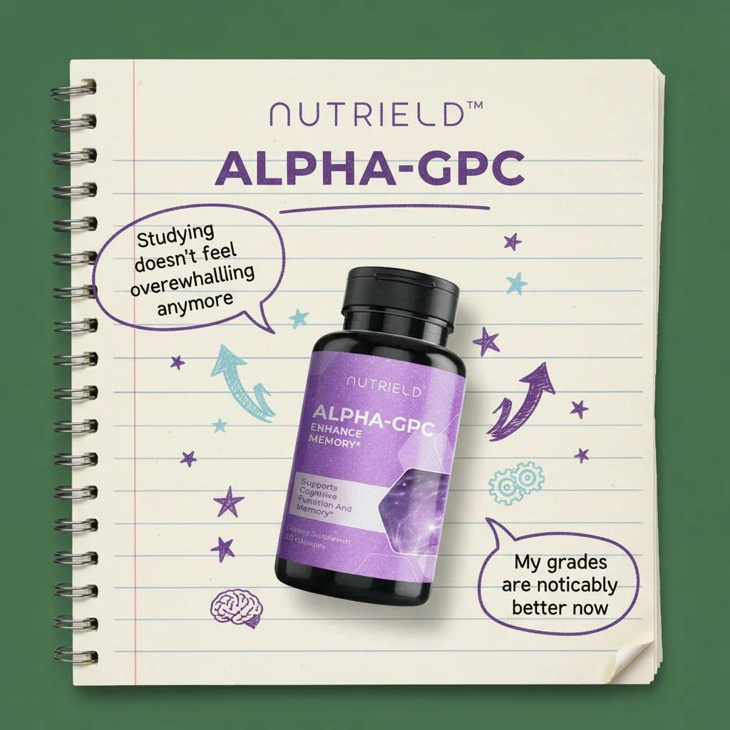 Nutrield Alpha-GPC memory supplement bottle on notebook with study-related doodles and positive testimonials